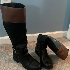 Black and Brown Leather Riding Boots with Buckle Details